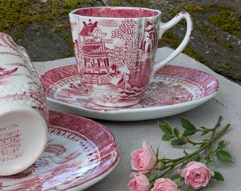 Een paar antieke Spode Mandarin rode mokkakopjes | Engelse porseleinen kopjes | Vintage chique Engelse landelijke koffie