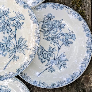 6 assiettes plates anciennes Saint Amand Flore – vaisselle terre de fer bleue – Service de table Noël campagne chic – Déco vintage fleurie
