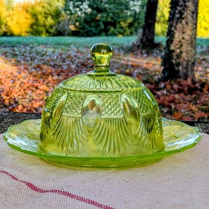 Può includere: Una burriera vintage in vetro verde chiaro con coperchio a cupola e base decorativa smerlata. Il coperchio presenta un design ovale e una maniglia rotonda. Il piatto è appoggiato su un panno bianco con strisce rosse.