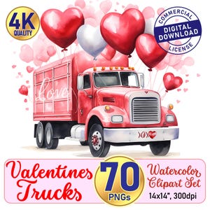 Aquarell Valentines LKW Clipart Bundle | 70 Transparente PNGs mit Blumen und Luftballons | Rot und Pink Vintage LKW | DIY Geschenk | XOXO