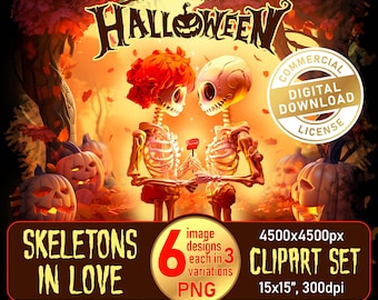 May include: A digital clipart set of six Halloween skeletons in love. The skeletons are dressed in gold and are holding a red rose. The background is a dark forest with pumpkins and autumn leaves. The text "Happy Halloween" is at the top of the image. The text "Skeletons in Love" is at the bottom of the image. The text "6 image designs each in 3 variations PNG" is in the lower right corner of the image. The text "4500x4500px CLIPART SET 15x15", 300dpi" is in the lower right corner of the image.