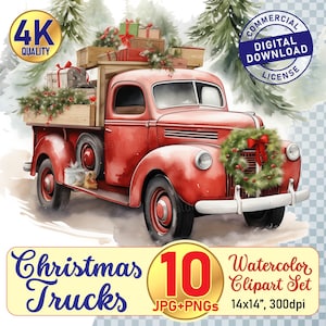 Watercolor Vintage Christmas Farm Truck Clipart | 10 Christmas Tree and Gift Designs | Festive Set for Printing & Crafts | High-Res PNG +JPG