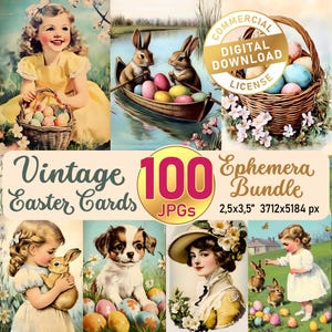 100 Vintage Oster-Ephemera-Karten | Retro druckbare ATC Karten | Frühling Clipart Bundle | Junk Journal Papiere | Hochauflösende JPGs für Scrapbooking