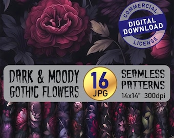 Eerie Dark Flowers Seamless Patterns, Moody Floral Art Print, Gothic Aesthetic, Dark Academia Decor