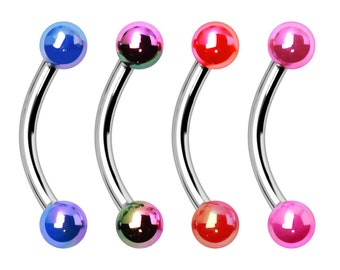 316L Stainless Steel Curved Barbell with Rainbow Coated UV Acrylic Balls