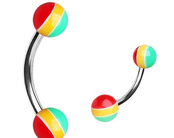 316L Surgical Steel Curved Barbell with UV Rasta Balls