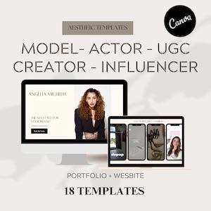 May include: Aesthetic templates for models, actors, UGC creators, and influencers. The image shows a desktop computer and a laptop displaying website and portfolio designs. The text includes "Angelia Michelle" and "18 Templates."