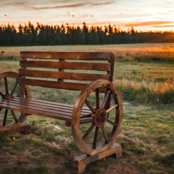 Rustic Wooden Wheel Bench 2-Person Wagon Slatted Seat, Outdoor Patio Furniture, 350lbs High Capacity, Weather Resistance