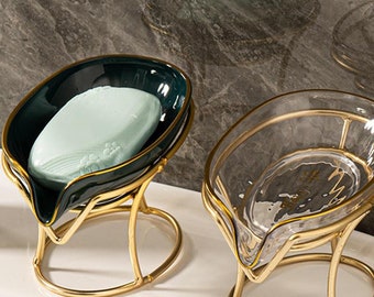 Blattförmiger Seifenhalter | Luxuriöser Seifenhalter aus Keramik | Badezimmer-Dekor | Minimalistischer Seifenhalter | Golddetails