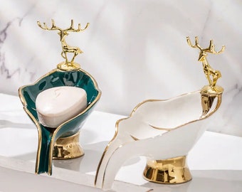 Luxus Keramik Seifenbox Ablauf | Seifenhalter Badezimmer Luxe Decor | 2 wunderschöne Farben Gold Seifenhalter | Minimalistisch