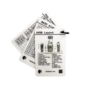 May include: White UV5R Layout card with a black lanyard, featuring a diagram of a radio with labels. The card includes the text "UV5R Layout", "READYRADIO.COM", and a QR code. Also included is a white card with "Key Frequency" and "NATO Alpha" text.