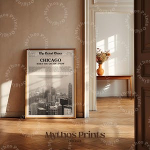 Chicago reisposter - retro krant, trendy muurkunst, leesgrage poster, cadeau-idee, reisposter, The New York Times, zwart-witte kunst