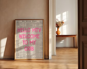 Hello MTV, Welcome to My Crib Print - Typography Poster, Retro Newspaper Print,  Trendy Pink Wall Art, Aesthetic wall art, Instant Download