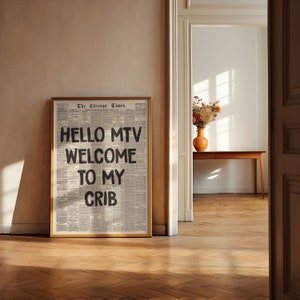 Hola MTV, Bienvenido a My Crib Print - Impresión de periódico retro, cartel tipográfico, arte de pared de moda de los años 70, arte de pared estético, descarga instantánea