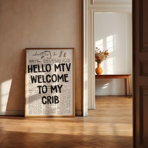 Hola MTV, Bienvenido a My Crib Print - Cartel tipográfico, Impresión de periódico retro, Arte de pared de moda de los años 70, Arte de pared estético, Descarga instantánea