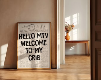 Hello MTV, Welcome to My Crib Print - Typography Poster, Retro Newspaper Print,  Trendy 70's wall art, Aesthetic wall art, Instant Download