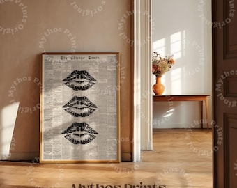 Arte mural de labios besados, periódico, póster retro vintage, arte mural moderno en blanco y negro, impresión artística digital, decoración estética para habitaciones, arte mural femenino.