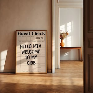 Cześć MTV, Welcome to My Crib Print - plakat typograficzny, modna sztuka ścienna z lat 70., estetyczna sztuka ścienna, natychmiastowe pobranie, wydruk retro czeku gościnnego,