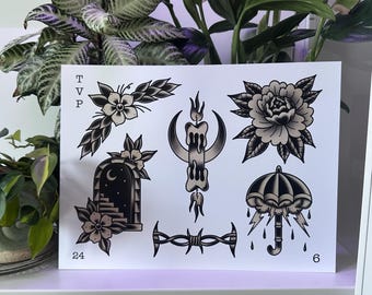May include: A sheet of traditional tattoo flash art featuring various designs in black and gray. Designs include flowers, a candle, a crescent moon, an umbrella, barbed wire, and a doorway. The sheet has the letters "TVP" and the numbers "24" and "6".