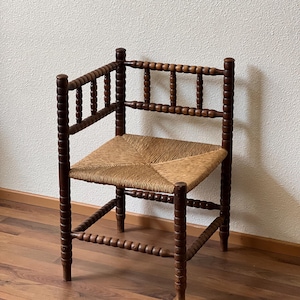 Antique French Provincial Corner Chair Carved Oak 19th C. | Bobbin Corner Rush Seat Chair