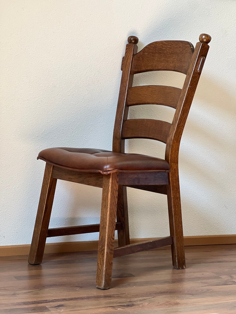 1 of 4 Brutalist Ladder Back Chair Solid Oak The Netherlands Vintage afbeelding 5