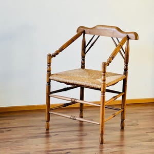 Vintage Hardwood And Rush Seat Bobbin Turned Corner Chair Fireside Chair Farmhouse Rustic Living Room Bedroom Cottage