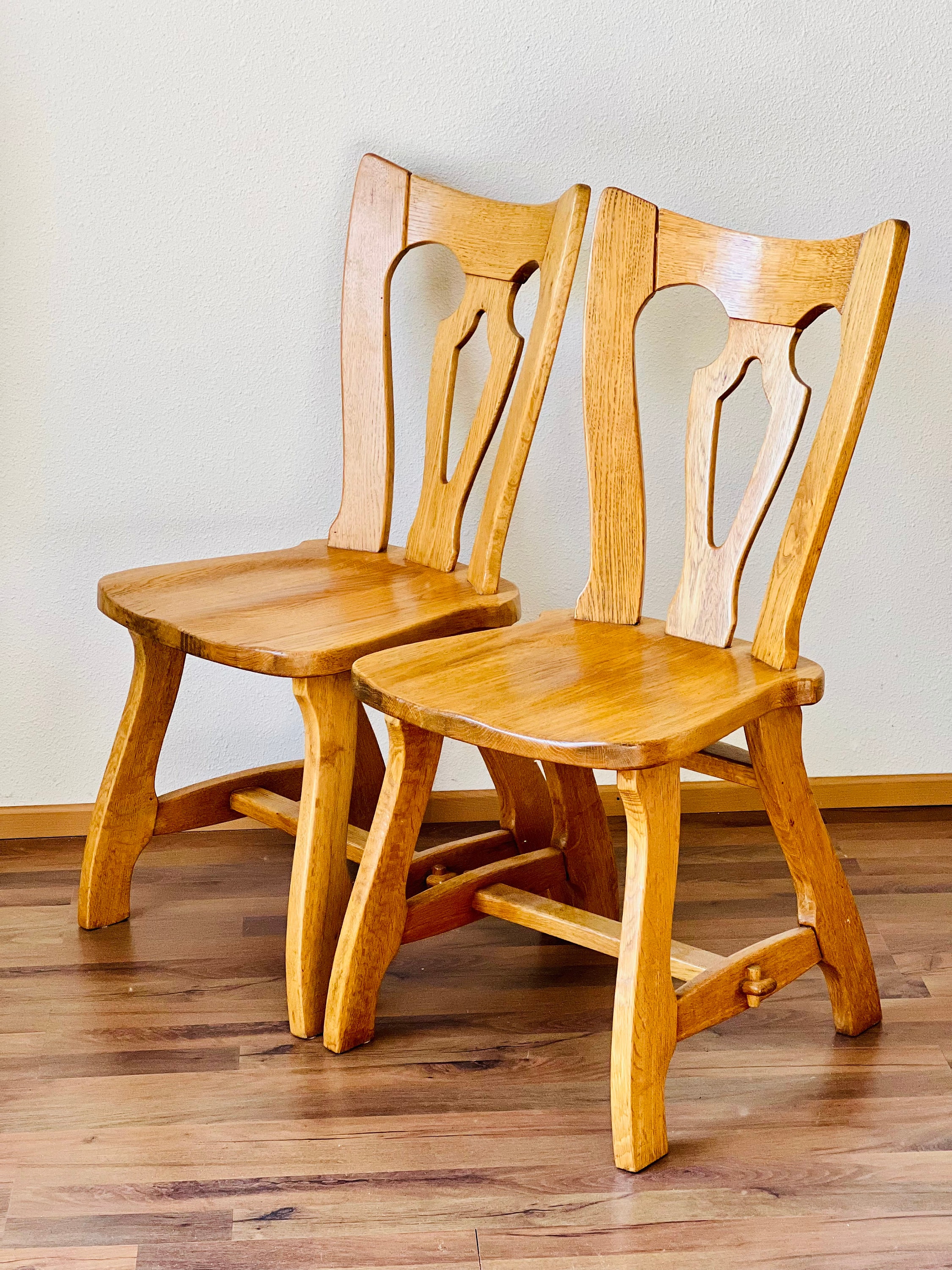 Set of 2 Brutalist Midcentury Oak Dining Chairs Belgium 1970s Late