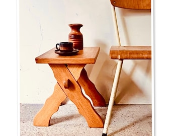 Antique Brutalist Side Table With Carved Legs Solid Oak Wooden Farmers Stool Rustic Plant Stand Carved Furniture Sculptural Cross Legged