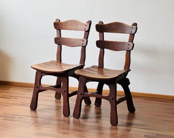 1 Of 4 Spanish Solid Oak Brutalist Dining Chair, Early 1900'S
