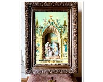 Beautiful Antique Religious Home Altar Holy Family Diorama 3D Ornate Wood Frame 1800s music box original key CATHOLIC BEAUTIFUL CONDITION