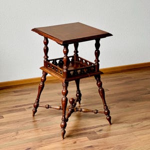 Antique Walnut Bobbin Turned Two Tier Occasional Side Table, Hand Carved Table, 19th Century, Rustic Wooden Square Plant Stand
