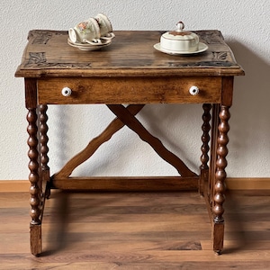 Antique 19th Century Bobbin Turned Oak Carved Side Table with Drawer | Farmhouse Decor | Cottage Decor