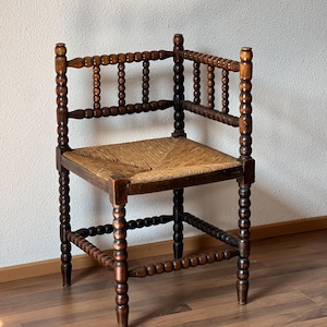 Vintage Bobbin Corner Rush Seat Chair | Netherlands | 1920s Wicker Knitting Chair Antique Turned Wood Decorative Farmhouse Accent Chair