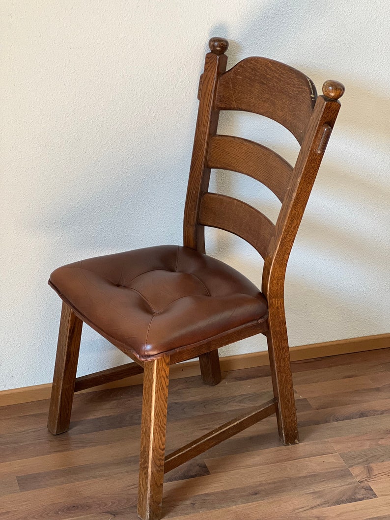 1 of 4 Brutalist Ladder Back Chair Solid Oak The Netherlands Vintage afbeelding 7