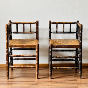 Pair of 19th Century Bobbin Corner Chairs with Rush Seat | Rustic Farmhouse Cottage Decor Fireside Chairs | France | Vintage