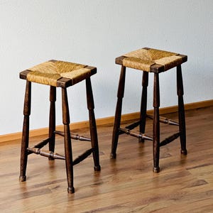 1 of 2 French Wood and Rush Stool in the Manner of Charlotte Perriand 1940s | Mid-Century Counter Bar High Chair