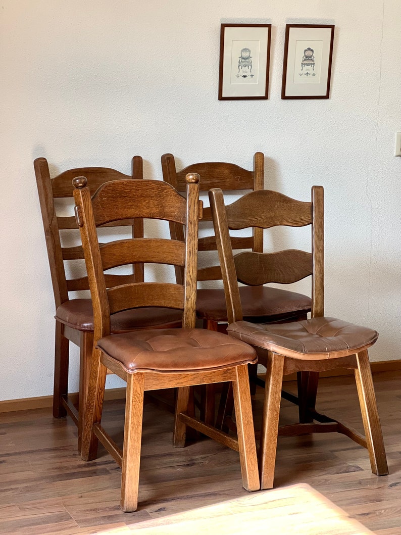 1 of 4 Brutalist Ladder Back Chair Solid Oak The Netherlands Vintage afbeelding 8