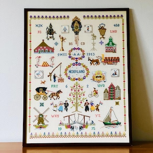 A Dutch Needlework Large Sampler - Vintage Holland - Embroidery - Cottonwork Tapestry Modern Folk Wall Art Framed by Ongering Antiques