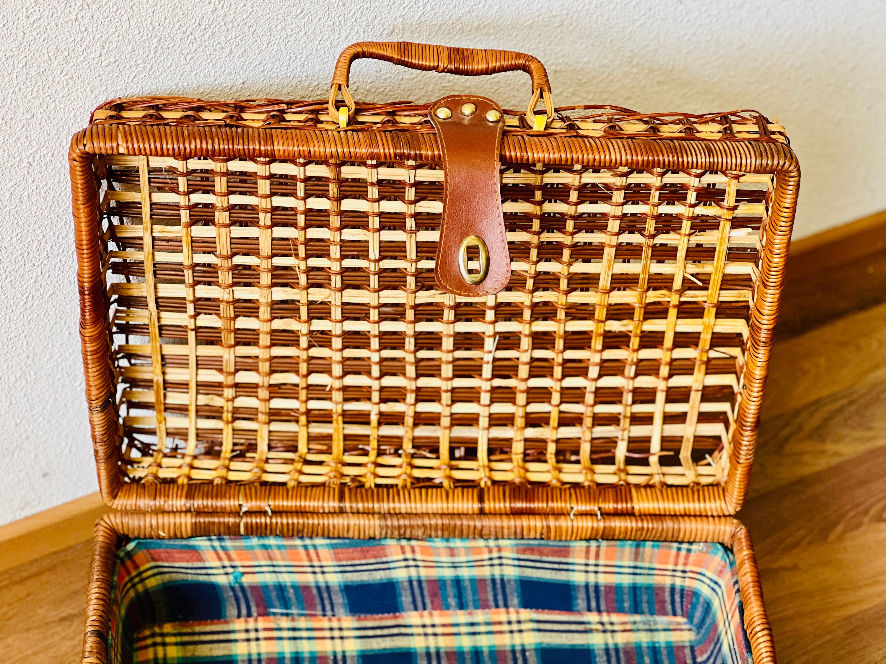 Wicker Picnic Basket ~ Large Blue Gingham Lined Woven Carry All ...