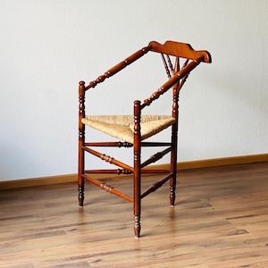 Antique Dutch Armchair Triangular Turned Bobbin Corner Chair Rush Seat Rustic