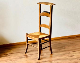 Vintage French Prayer Chair Kneeler Wood Rush Seat Chair Antique