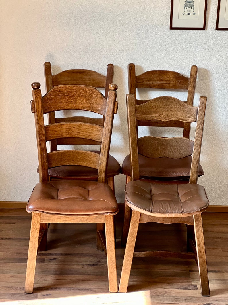 1 of 4 Brutalist Ladder Back Chair Solid Oak The Netherlands Vintage afbeelding 9