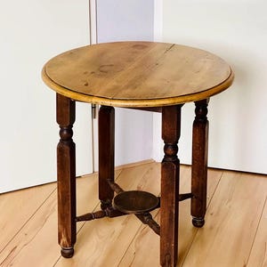 Antique Round Bobbin Table, Occasional Table, Wooden Side Table With Turned Legs, Hall Table, Carved Oak Coffee Table, Rustic Plant Stool