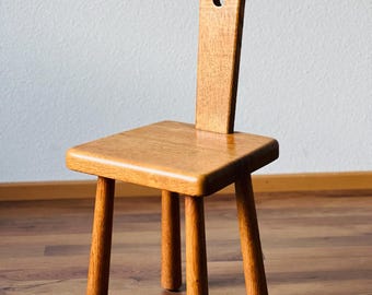 Dutch Mid-Century Mini Pierre Chapo Style Solid Oak Fireside Chair, 1960s Modernist Brutalist Oak Side Plant Stool Wooden Birthing Chair