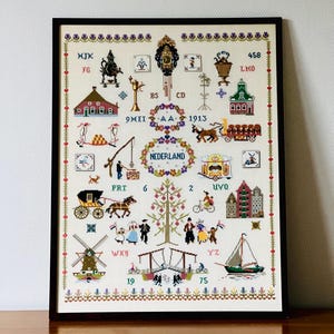 A Dutch Needlework Large Sampler - Vintage Holland - Embroidery - Cottonwork Tapestry Modern Folk Wall Art Framed by Ongering Antiques