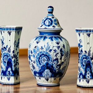 May include: A set of three blue and white Delftware vases. The largest vase has a lid and a floral design. The two smaller vases are cylindrical and have a similar floral design.
