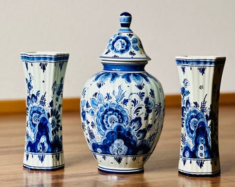 Royal Delft Set of 3, Vintage Delft Blue Lidded Vase, Delft Blue Pottery, Delft Blue Hand-Painted Ginger Jar and Blue Urn Original Delftware