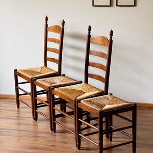 Set Of 4 Handmade Wood & Rush Ladder-Back Chairs and stools | Oak and Woven Set in the manner of Charles Dudouyt | France Early 20th Century