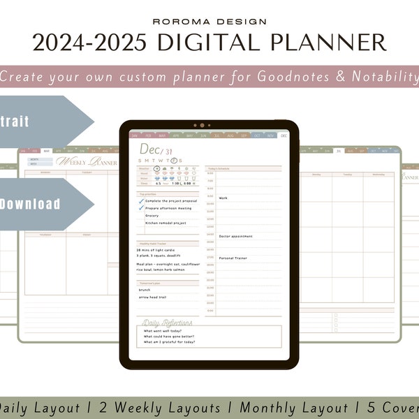 2024-2025 Digital Planner PORTRAIT | Daily Planner, Weekly Planner, Monthly Planner | Goodnotes | Notability | PDF | Simple Whimsical Design