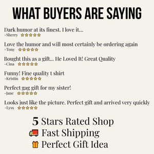 May include: A customer review graphic titled WHAT BUYERS ARE SAYING featuring six testimonials with five-star ratings from Sherry, Tony, Cina, Kristin, Jane, and Lyss. The bottom section displays 5 Stars Rated Shop, a truck icon, and a gift box icon.